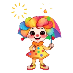 Bubbles the Clown kids party entertainer with umbrella ready for Melbourne indoor or outdoor birthday parties