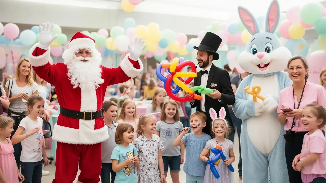 Santa Claus, the Easter Bunny, a magician and a balloonist entertaining children and adults at a Melbourne corporate family day