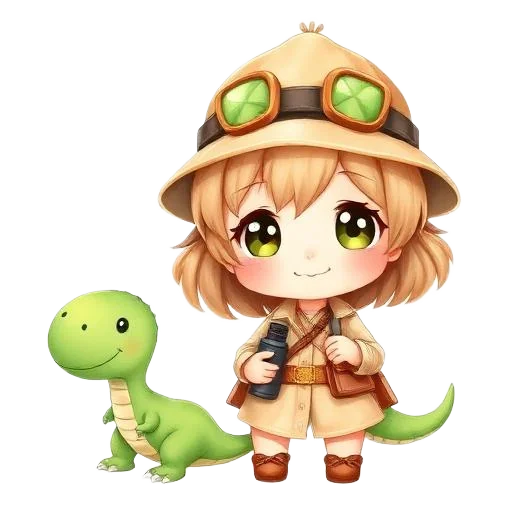 Jungle Safari & Dinosaurs girl character for kids birthday party invitation