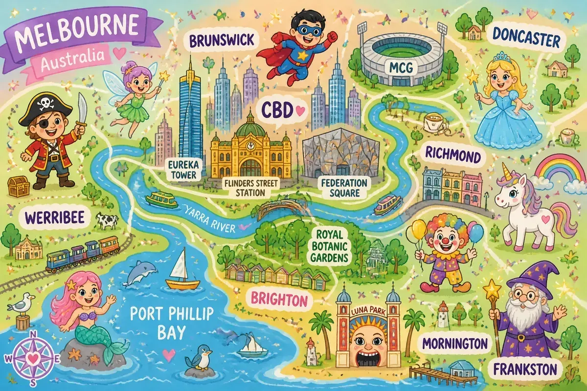 Illustrated cartoon map of Melbourne showing Dreamscape Parties children's entertainers - princesses, superheroes, fairies and pirates - scattered across suburbs we service across greater Melbourne