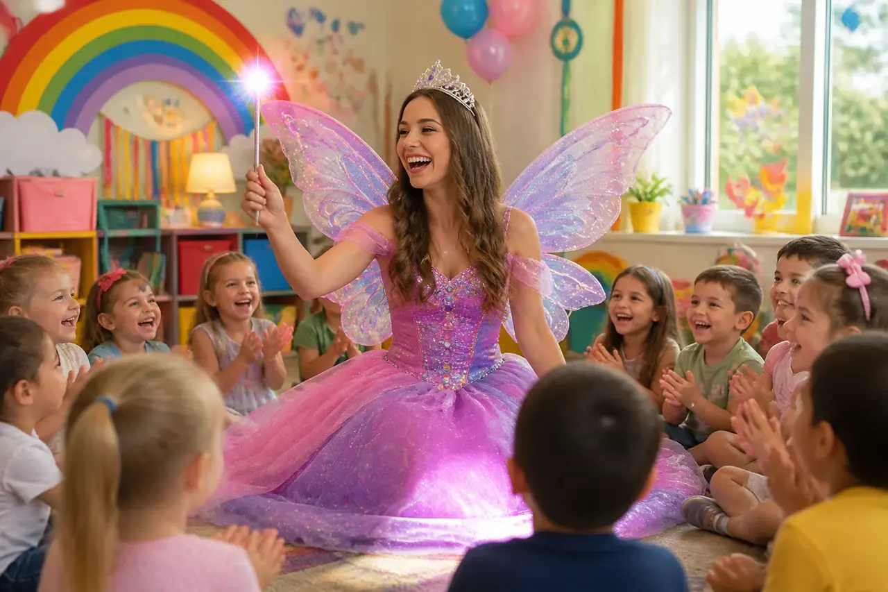 A Dreamscape fairy princess entertainer performing for excited children at a school