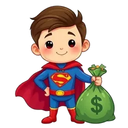 Superhero party entertainer holding a money bag representing kids party entertainer cost in Melbourne